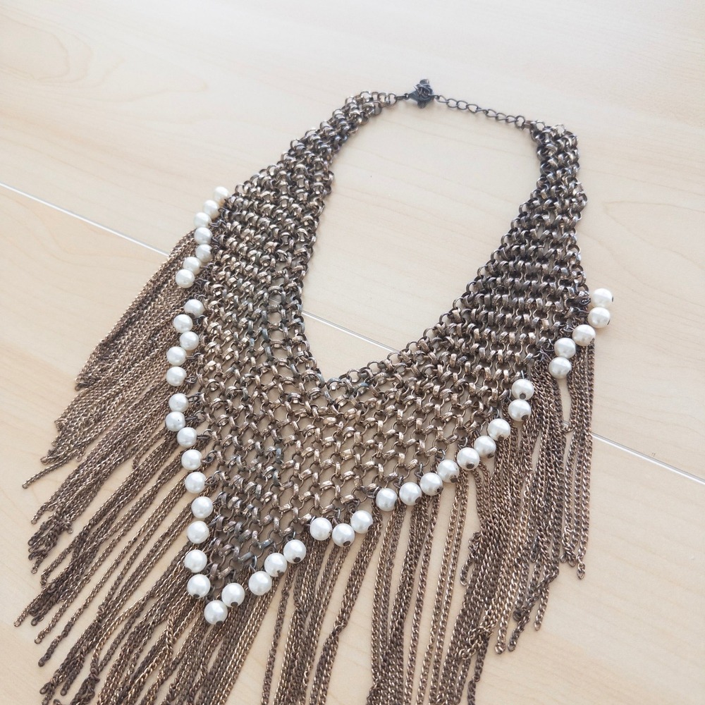 Boho Womens Bib Necklace OS Bronze Mesh Pearl Fringe Statement Chain Festival - Picture 6 of 7